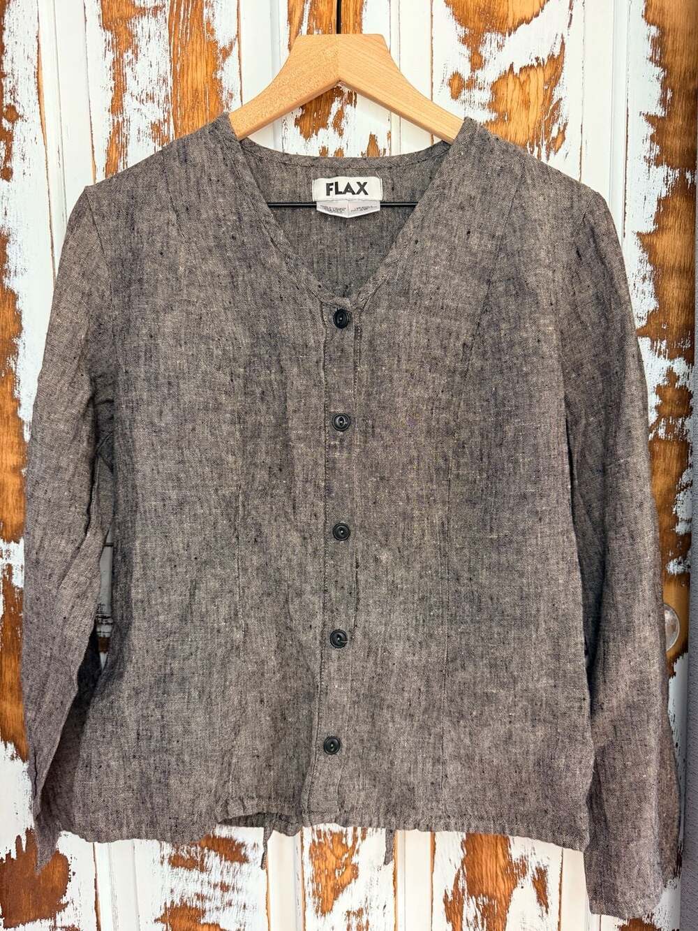 Flax Women’s Button Up Long Sleeve Top Size Small Gray Brown 100% Linen Coastal